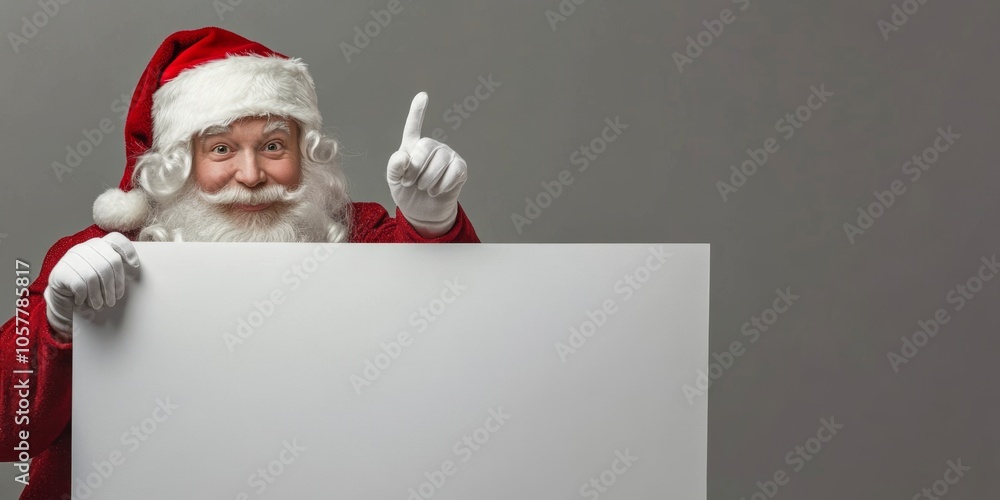 Naklejka premium Cheerful Santa Claus Holding a Blank Sign Mock Up with Space for Your Text, Holiday Promotions and Events. Jolly Santa Claus gesturing pointing on white banner placard, festive themes advertising.
