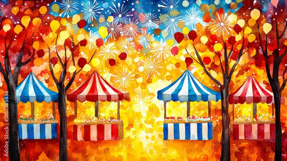 Fototapeta premium Festive Nighttime Market in Watercolor Style