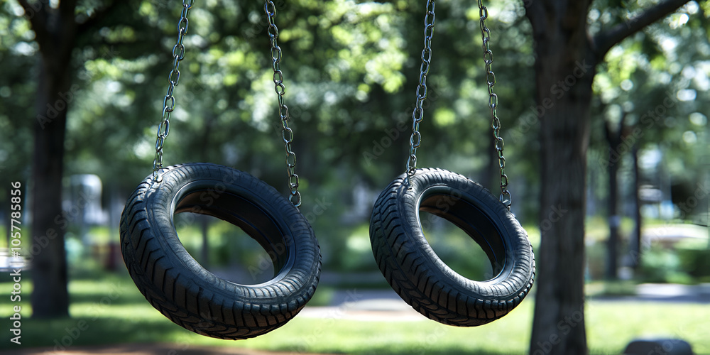 Two Old Black Tires Hanging from a Swing Set in a Park Two Old Black Tires Hanging from a Swing Set in a Park