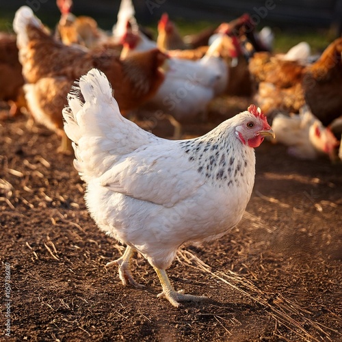 ein weisses huhn das neugierig auf dem hof eines bauernhofes geht im hintergrund sind mehrere braune huhner photo