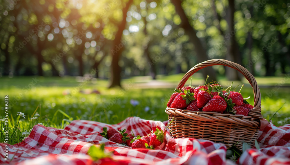 Charming Picnic Setting with Basket of Strawberries Charming Picnic Setting with Basket of Strawberries