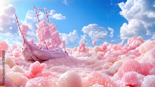 A whimsical cotton candy ship sails through fluffy pink clouds on a bright, sunny day photo