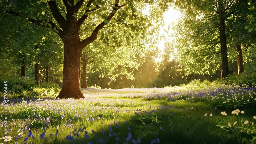 Sunlight streams through the trees in a lush forest, illuminating a field of bluebells Sunlight streams through the trees in a lush forest, illuminating a field of bluebells
