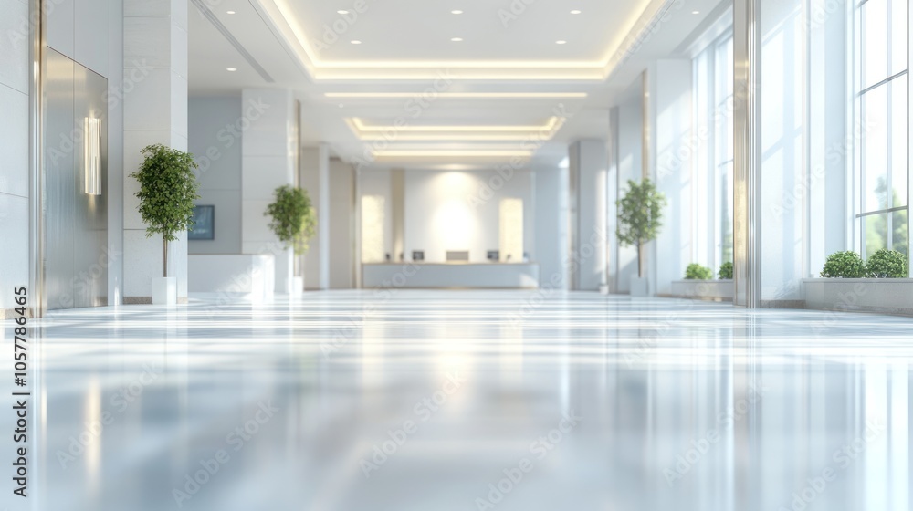 A modern, minimalist office lobby with a reception desk and large windows. The floor is polished concrete and there are potted plants on either side of the hallway. A modern, minimalist office lobby with a reception desk and large windows. The floor is polished concrete and there are potted plants on either side of the hallway.