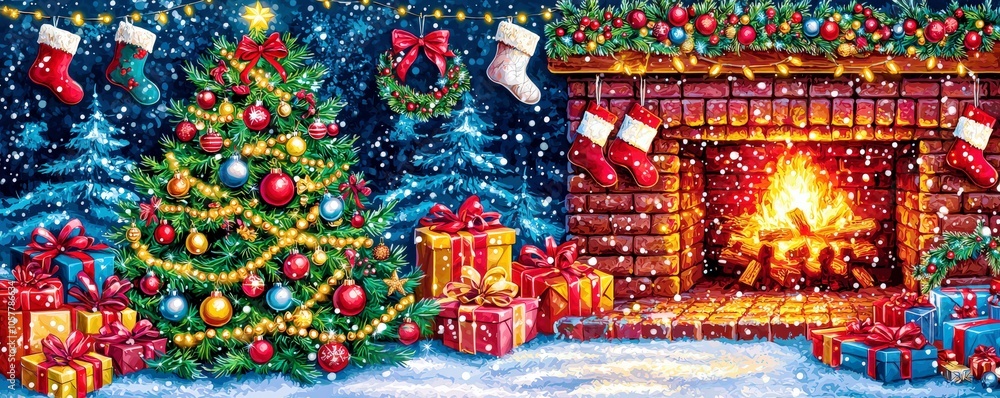 Vibrant Christmas Scene with Decorated Tree and Fireplace Vibrant Christmas Scene with Decorated Tree and Fireplace