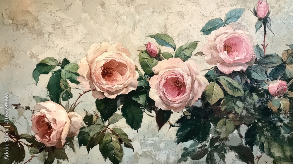 A delicate and beautiful oil painting of a cluster of pink roses with green leaves. A delicate and beautiful oil painting of a cluster of pink roses with green leaves.