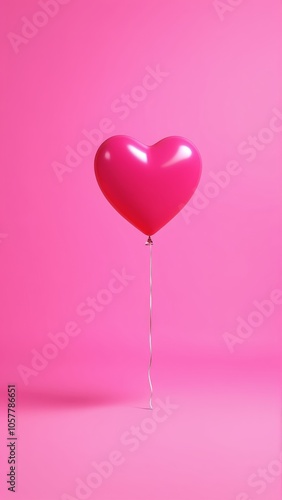 Floating heart balloon on pink background: romantic and minimalistic design