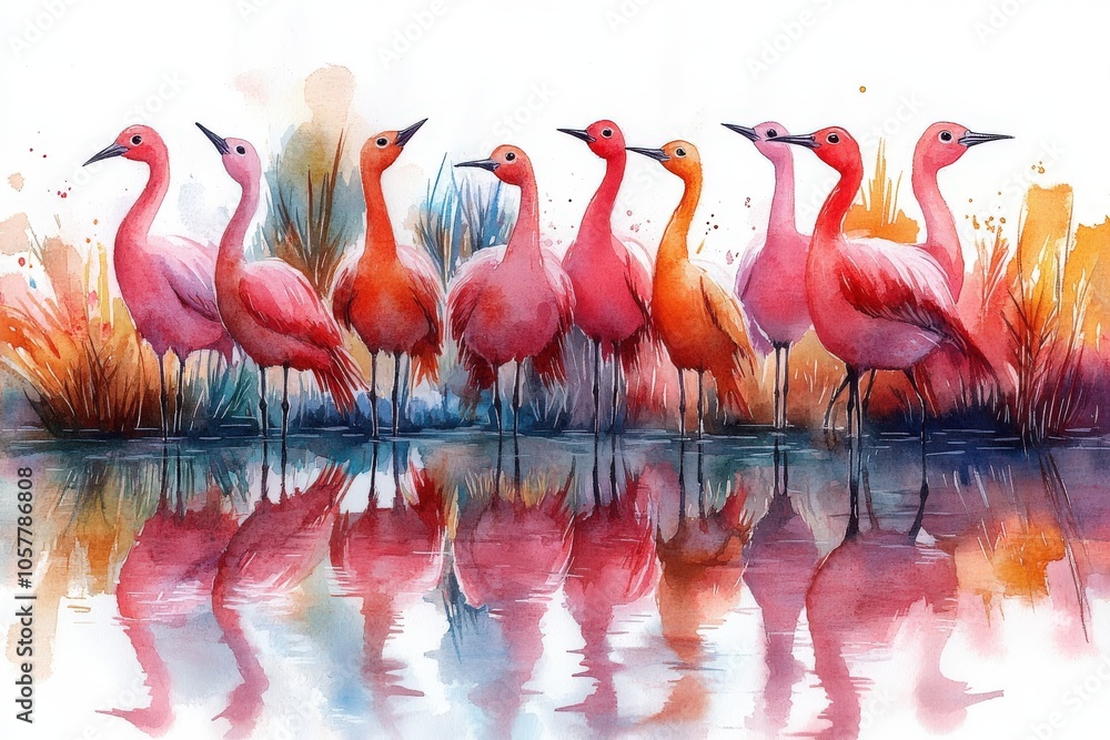 Obraz premium A vibrant watercolor illustration of pink birds standing by a reflective water surface.