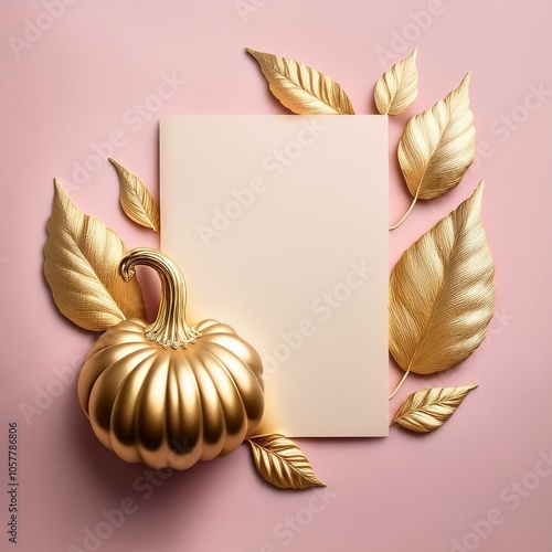 paper blank card with stylized gold decorative pumpkin and golden leaves on a pale pink background for autumn and thanksgiving invitation