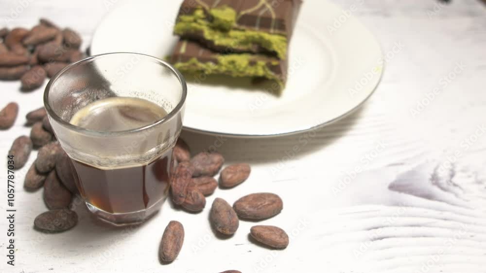Dubai chocolate with pistachios on white plate in close-up Dubai chocolate with pistachios on white plate in close-up