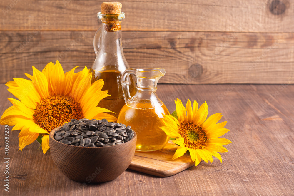 Closeup photo of sunflower oil with seeds on wooden background. Bio and organic product concept. Closeup photo of sunflower oil with seeds on wooden background. Bio and organic product concept.