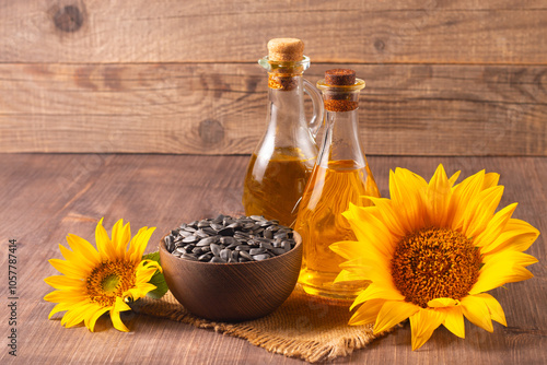 Closeup photo of sunflower oil with seeds on wooden background. Bio and organic product concept.