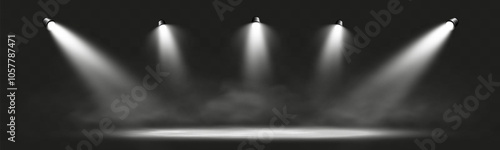 Stage with smoke and spotlights. Smoky scene. Vector illustration.
