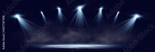 Stage with smoke and spotlights. Smoky scene. Vector illustration.