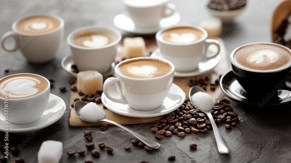 Table with a variety of coffee cups and spoons, with sugar cubes Table with a variety of coffee cups and spoons, with sugar cubes