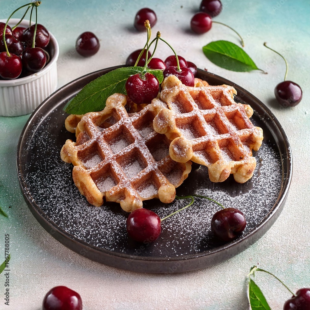 delicious cherry waffles with sugar powder and edible plants as garnish delicious cherry waffles with sugar powder and edible plants as garnish