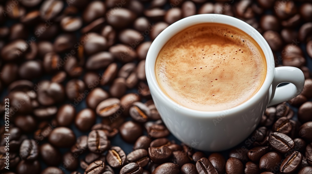 White coffee cup with a brown liquid in it sits on top of a pile of coffee bea White coffee cup with a brown liquid in it sits on top of a pile of coffee bea