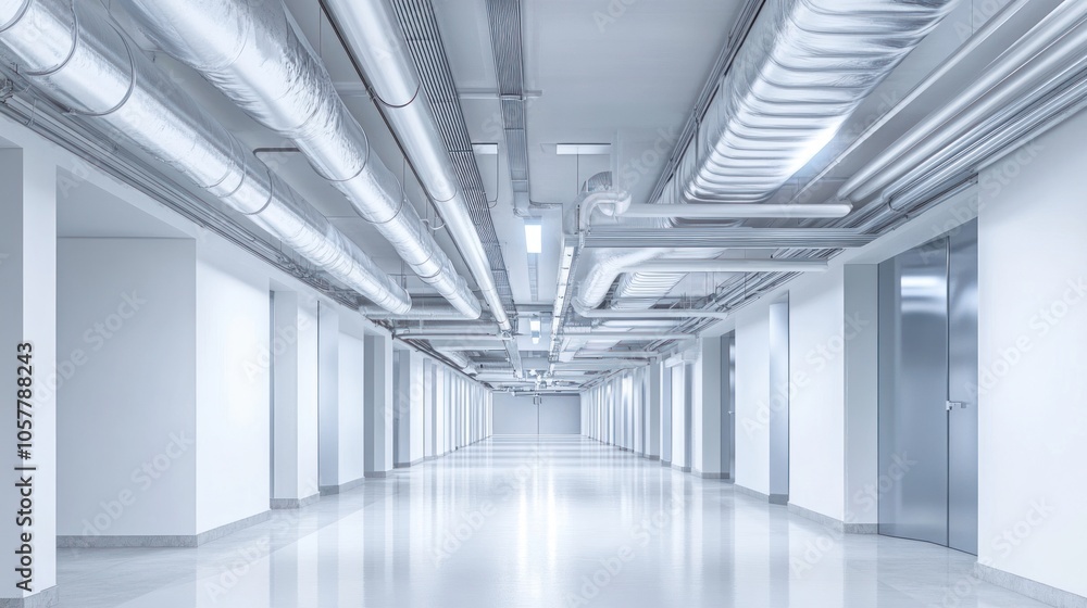 A long, empty hallway with a white tiled floor, white walls, and an exposed ceiling with pipes and wiring. A long, empty hallway with a white tiled floor, white walls, and an exposed ceiling with pipes and wiring.