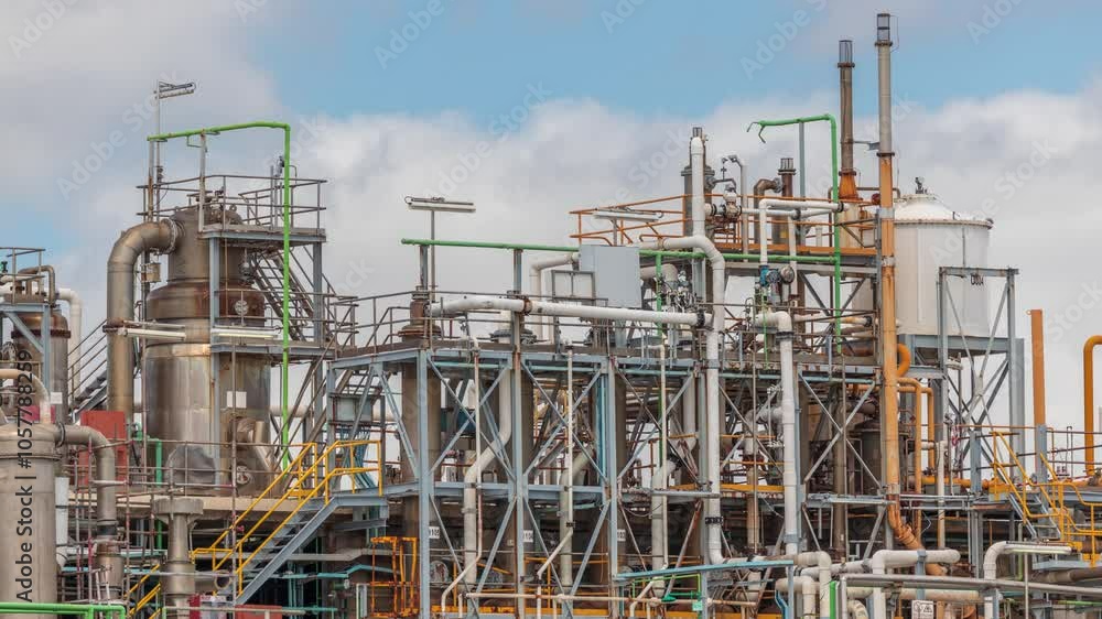 Distillation Columns and their process equipment of hydrogen plant timelapse with clouds on a background. Many pipes and tanks of industrial factory against a sky Distillation Columns and their process equipment of hydrogen plant timelapse with clouds on a background. Many pipes and tanks of industrial factory against a sky