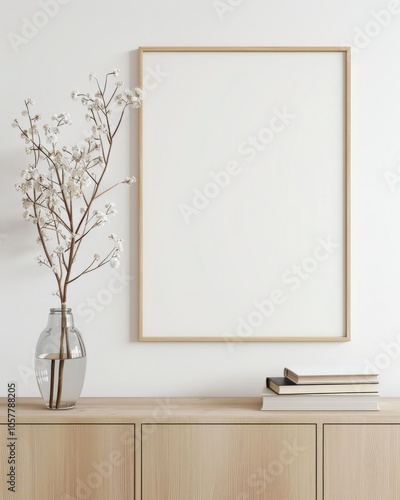 A minimalist interior design featuring a blank poster frame on a light wood cabinet with a vase of dried flowers and a stack of books