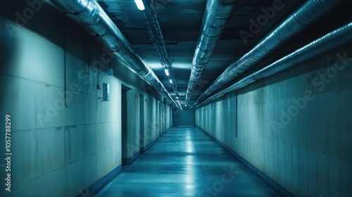 A long, dark hallway with fluorescent lights and pipes overhead.