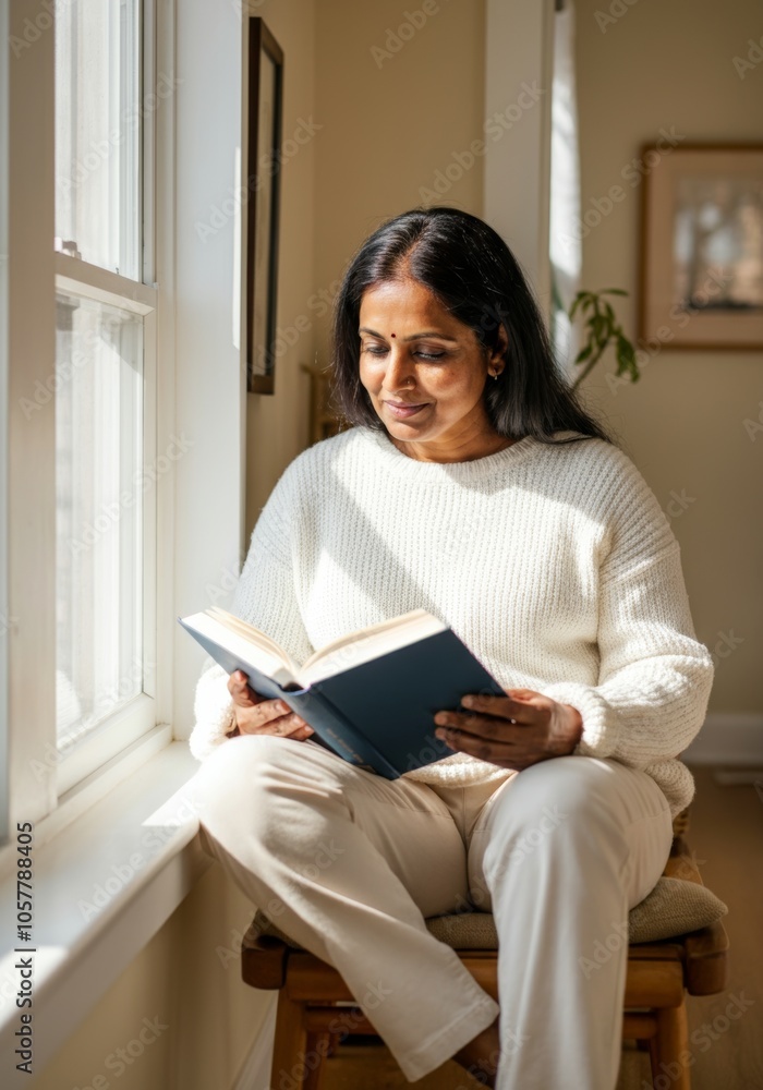 Indian woman in her 40s in white sweater reading by sunny window Indian woman in her 40s in white sweater reading by sunny window