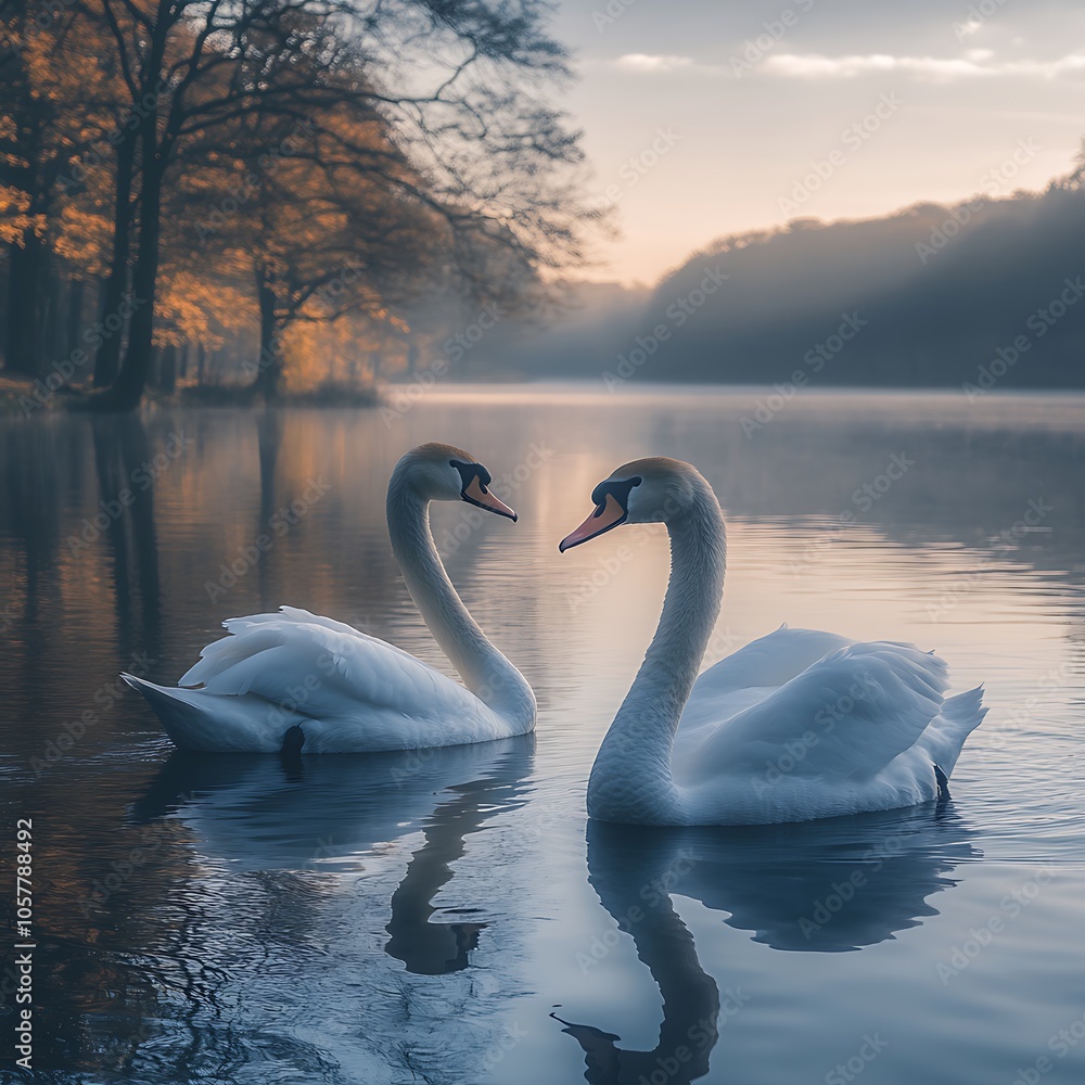 Fototapeta premium Serene Lake Swans Majestic Mountain Background Beautiful Nature View picture