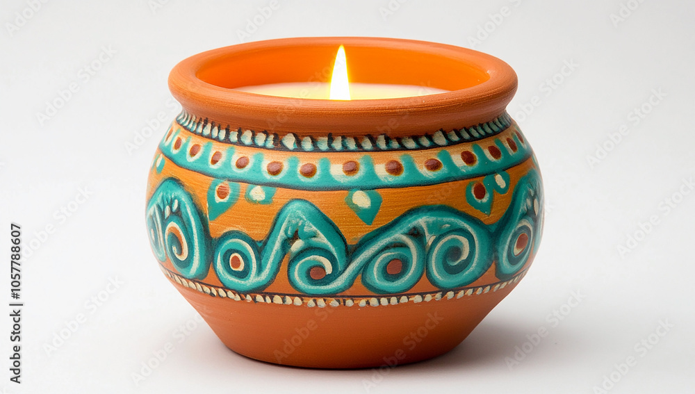 A beautifully decorated clay candle holder with intricate patterns and vibrant colors A beautifully decorated clay candle holder with intricate patterns and vibrant colors