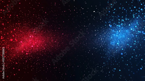 Abstract background with red and blue glowing particles.