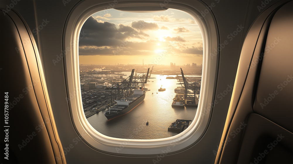 Naklejka premium 飛行機の窓からの賑やかな港風景