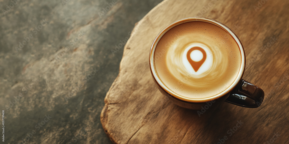 Cup of coffee with location pin icon latte art on top, view from above. Generative AI
