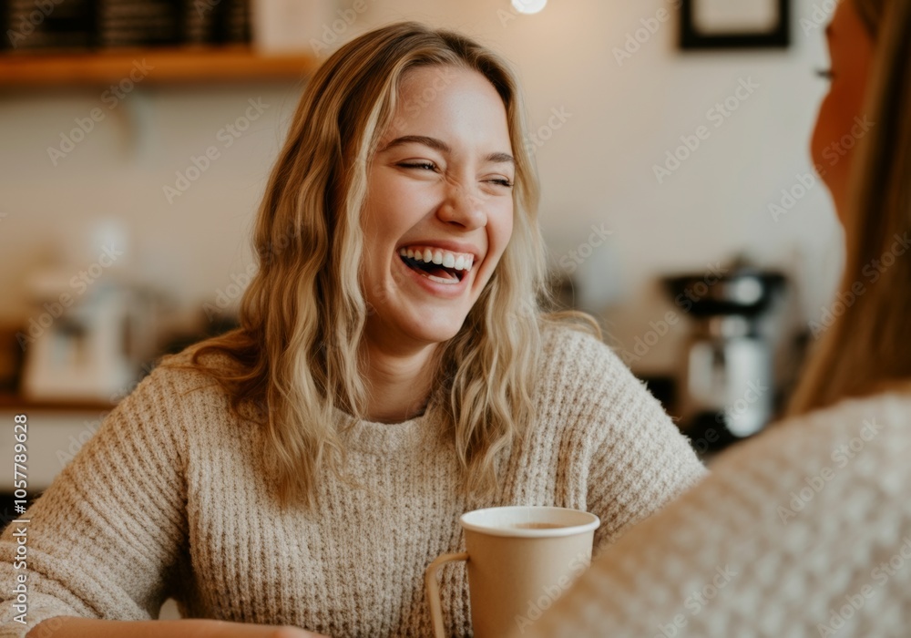 Smiling woman enjoying coffee and conversation in cozy cafe setting. Smiling woman enjoying coffee and conversation in cozy cafe setting.