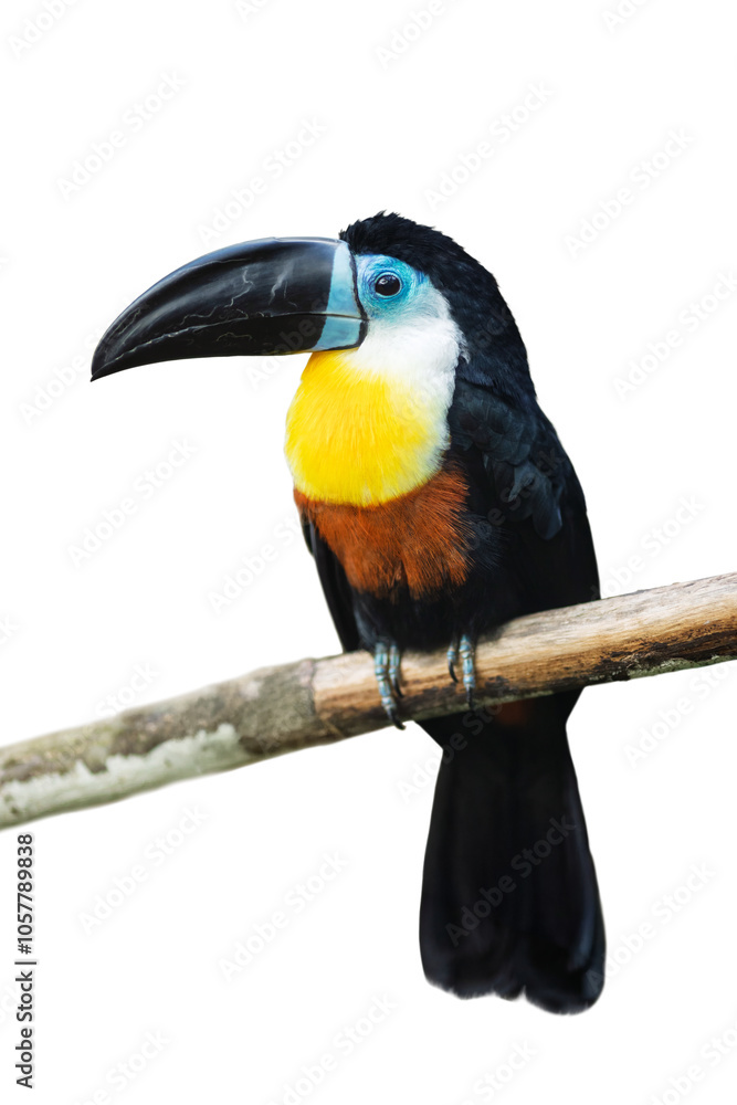 Channel-billed toucan (Ramphastos vitellinus) with a black beak, blue face, yellow throat, and black body, perched on a branch isolated on white background.
