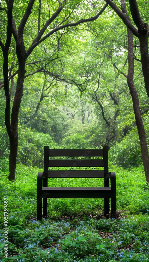 A lone wooden bench sits in a lush green forest, surrounded by vibrant foliage and dappled sunlight. A lone wooden bench sits in a lush green forest, surrounded by vibrant foliage and dappled sunlight.
