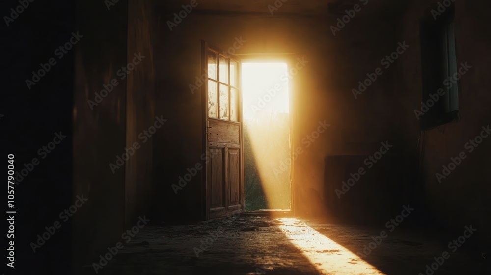 A ray of sunlight shines through an open doorway in an abandoned building, illuminating the dusty floor. A ray of sunlight shines through an open doorway in an abandoned building, illuminating the dusty floor.