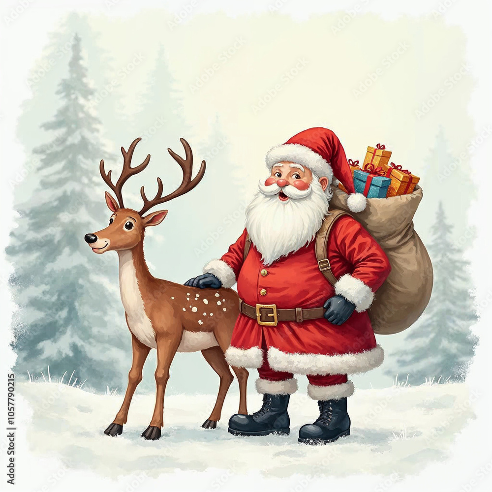 Illustration of 2025 Merry Christmas Happy New Year with Santa Claus and a reindeer Illustration of 2025 Merry Christmas Happy New Year with Santa Claus and a reindeer