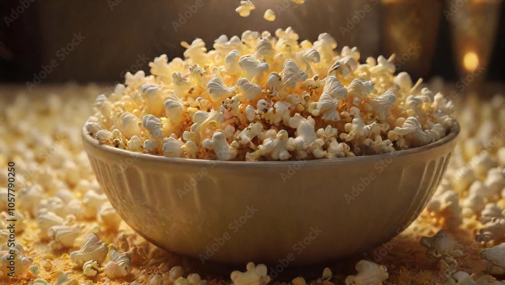 Freshly popped popcorn filling a bowl at a cozy gathering in the evening Freshly popped popcorn filling a bowl at a cozy gathering in the evening