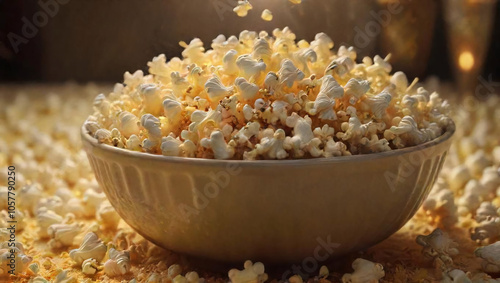 Freshly popped popcorn filling a bowl at a cozy gathering in the evening