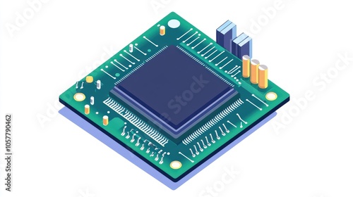 A 3D isometric illustration of a green circuit board with a processor chip.