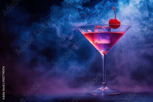 A vibrant cocktail with cherry garnishing and ice against a smoky backdrop at...