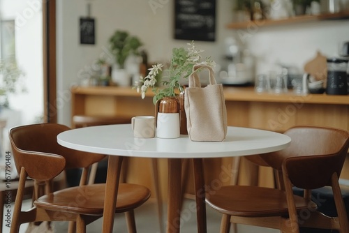 Round dining table with wooden chairs in a bright, modern interior