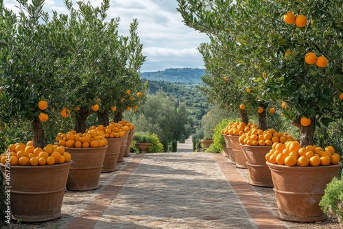 Lush orange trees in terracotta pots line a scenic pathway in a beautiful cou...