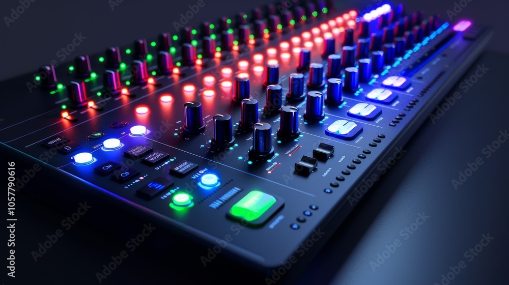 Soundboard with multiple channels and bright LEDs with clean background Soundboard with multiple channels and bright LEDs with clean background