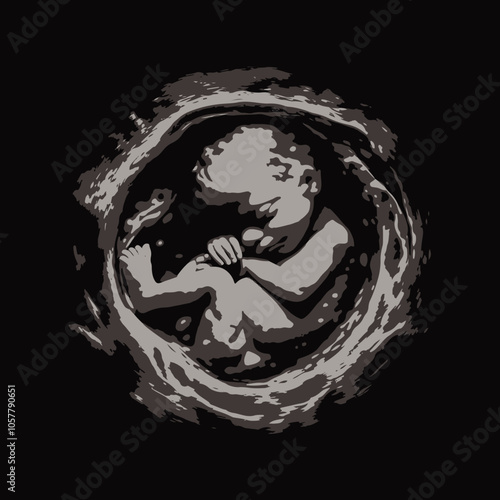 Ultrasound baby scan silhouette on dark background, vector fetal imaging in black and white, heartwarming fetal development illustration for parenthood, pregnancy awareness, family health printables