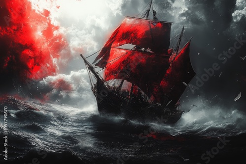 A fierce storm engulfs a dramatic ship with red sails amidst turbulent waves ...