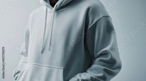 Close-up of a plain white hooded sweatshirt with a drawstring and pockets, against a neutral background.