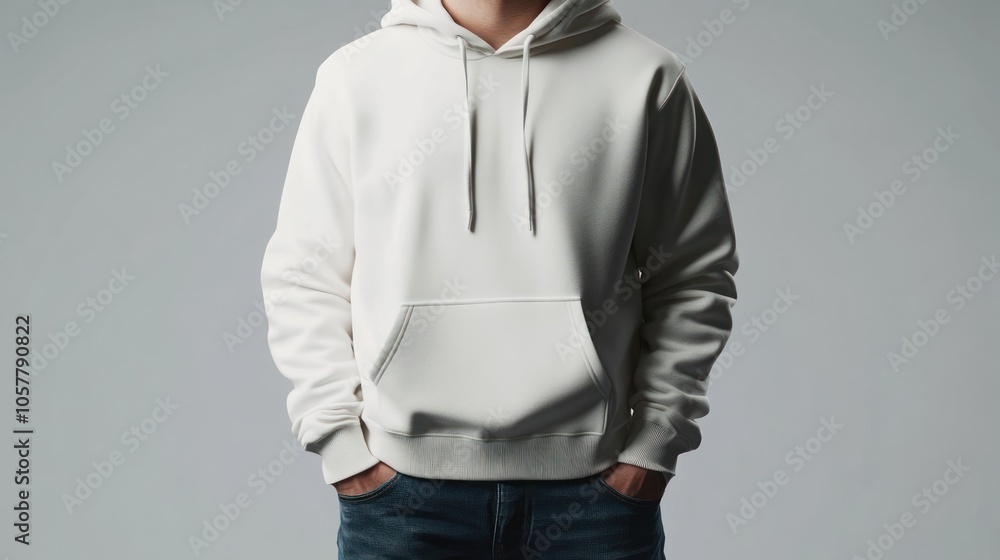 A man wearing a plain white hoodie with the hood up. He is standing with his hands in his pockets, and his body is obscured. The background is a solid gray. A man wearing a plain white hoodie with the hood up. He is standing with his hands in his pockets, and his body is obscured. The background is a solid gray.