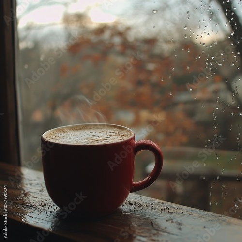 Enjoying a warm cup of coffee by the window on a rainy afternoon in autumn