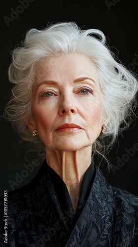 Elegant portrait of an older woman with gray hair gazing thoughtfully in soft...