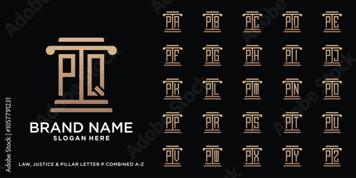 Set of law, justice, and pillar logo design letter p combined a to z with creative concept